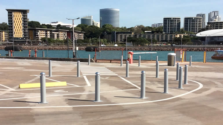 Fixed Bollards controlling traffic for pedestrian safety at Darwin waterfront